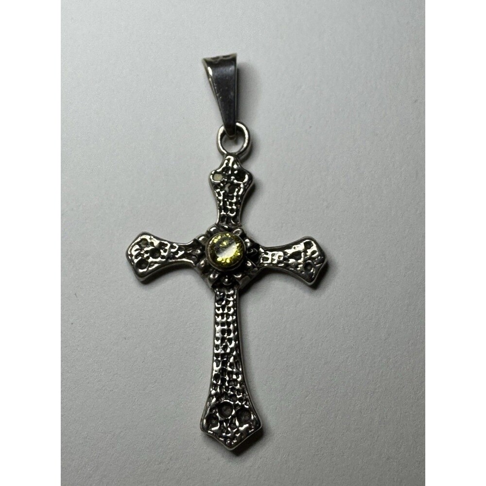 Mexico 925 Sterling Silver Cross Necklace 18” Chain Green Gemstone Pendant